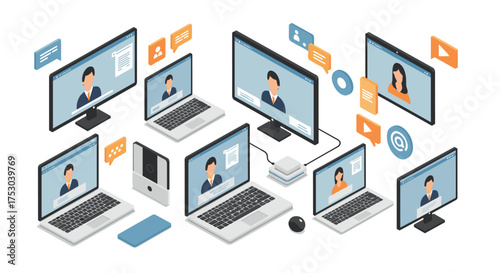 Isometric video conference concept with multiple devices and chat icons