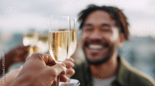 Celebration time Friends clinking glasses of sparkling wine, sharing joy and camaraderie. Perfect for themes of success, parties, and festive occasions.