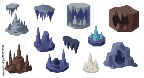 Collection of cave formations with 3d style stalactites and stalagmites