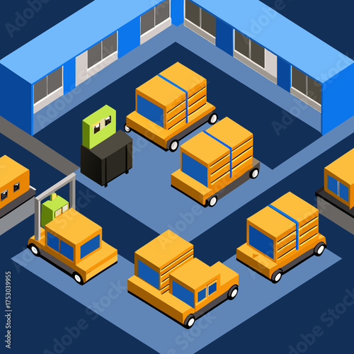 Isometric illustration of an automated warehouse with robots