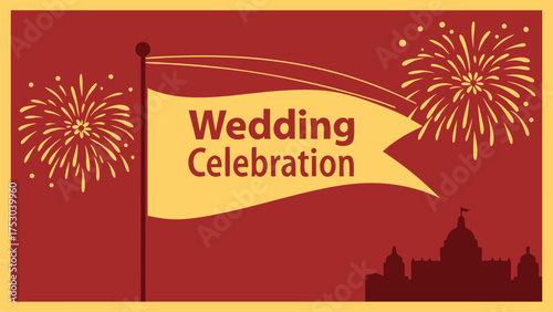 Joyful wedding celebration with vibrant fireworks and grand architecture signifying a perfect union and festive occasion