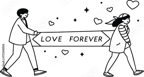 Joyful couple carrying banner proclaiming "LOVE FOREVER" amidst twinkling stars and hearts, celebrating enduring romance