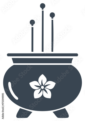 Stylized incense burner icon with three burning sticks and traditional floral design