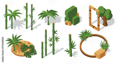 Isometric bamboo and jungle elements for tropical design projects