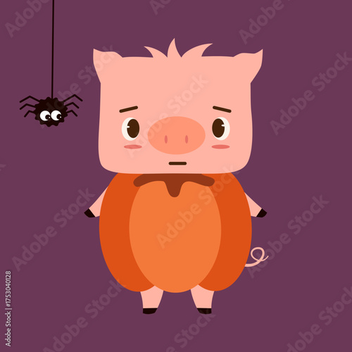 cute hand drawn cartoon character little pig with pumpkin halloween costume and spider funny holiday vector illustration on purple background
