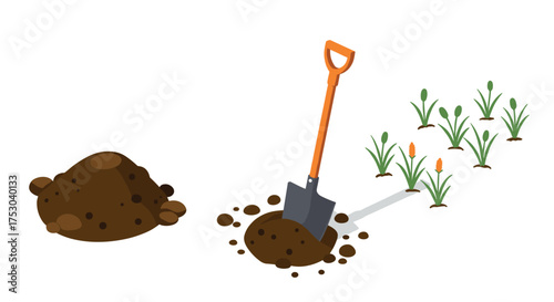 Gardening tools and planting concept with spade and seedlings in a flat design