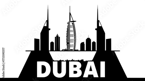 A detailed vector illustration of the Dubai skyline at eye-level, rendered in solid black on a pristine white background, showcasing the iconic Burj Al Arab in silhouette form, along with surrounding 