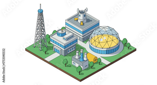 Isometric futuristic science facility with dome and antenna on green base