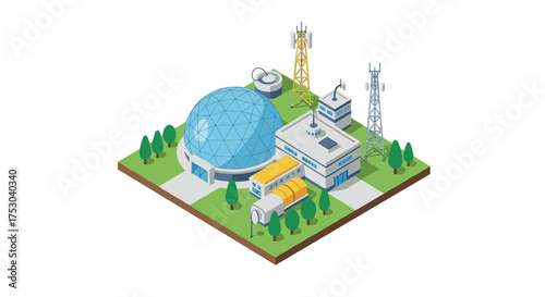 Futuristic isometric dome and communication towers in modern park setting