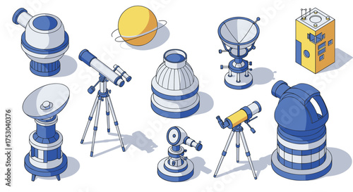Isometric telescope and satellite collection with moon and planet elements in modern design