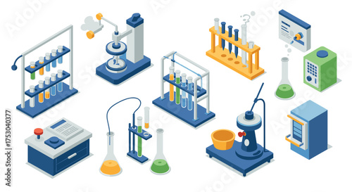 Colorful isometric laboratory equipment set with test tubes and chemical apparatus