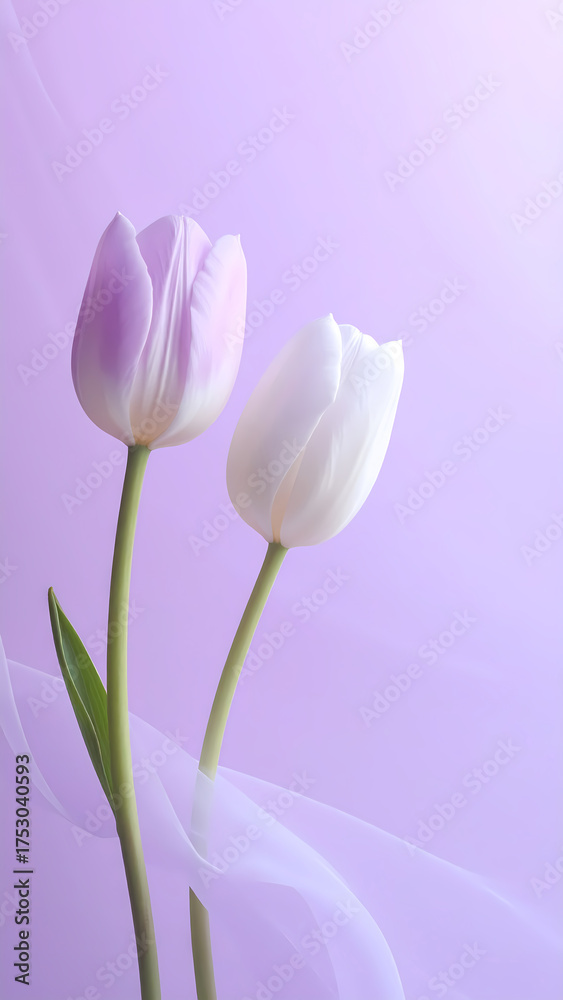 Fototapeta premium Minimalist Soft Pastel Tulip Duo with Sheer Fabric Overlay Still Life
