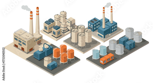 Industrial factory complex with isometric buildings and storage tanks