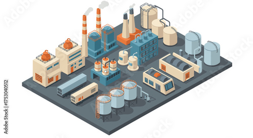 Isometric industrial factory with chimneys and storage tanks