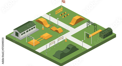 Isometric urban skate park with ramps and obstacles on grass