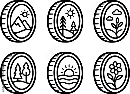 camera lens with nature reflection vector icon set