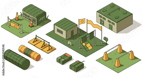 Outdoor military training equipment isometric set with obstacle course, bunkers, and tactical gear