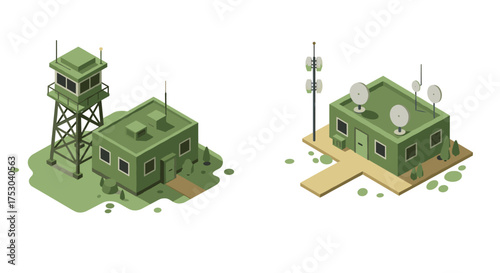 Isometric green military base with watchtower and communication building