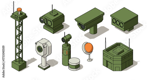 Isometric military equipment set with radar and communication towers