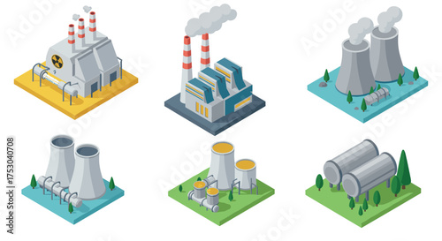 Isometric industrial plant set: power, factory, nuclear, petroleum, chemical facilities
