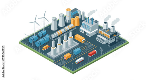 Industrial energy complex with factories, wind turbines, and trucks in isometric design