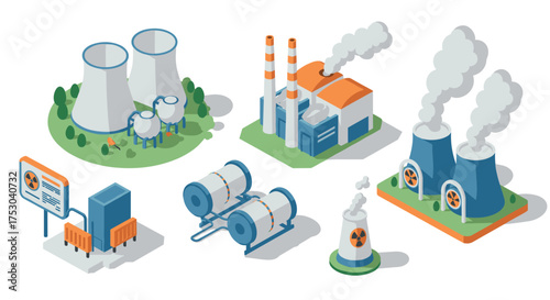 Isometric power plant elements with cooling towers and industrial equipment
