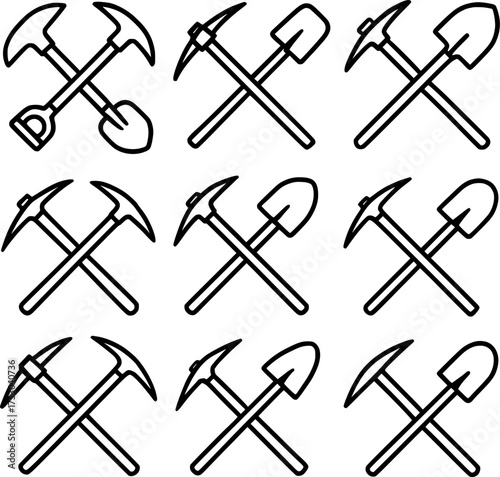 crossed shovel and pickaxe vector icon set