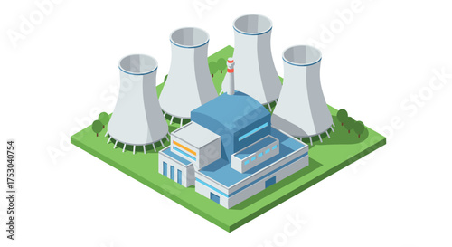 Isometric nuclear power plant with cooling towers and green landscape
