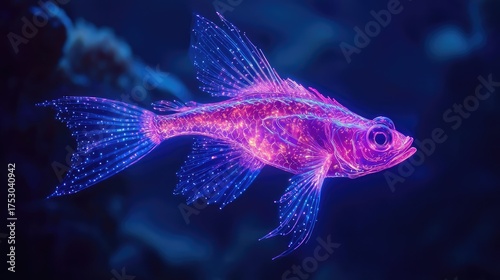 A fish with electric fins that spark and crackle with soft neon glows in the deep sea
