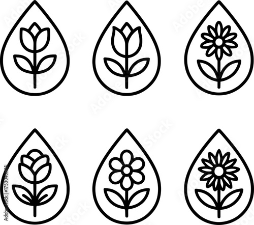 Flower blooming inside teardrop vector icon set