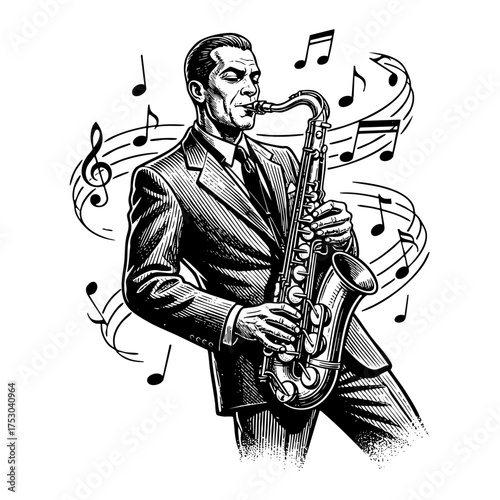Gentleman Playing Saxophone Jazz Engraving Vector Illustration