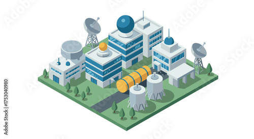 Modern isometric satellite communications center with antennas and control buildings
