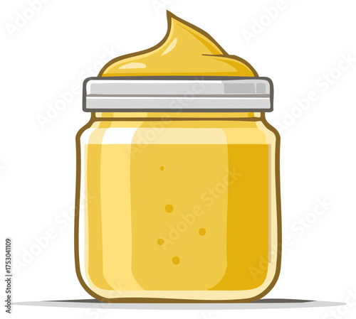 Jar of Yellow Sauce or Cream Illustration with Metal Lid Topped with Swirl Design