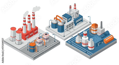 Industrial plant isometric design with factories and storage tanks