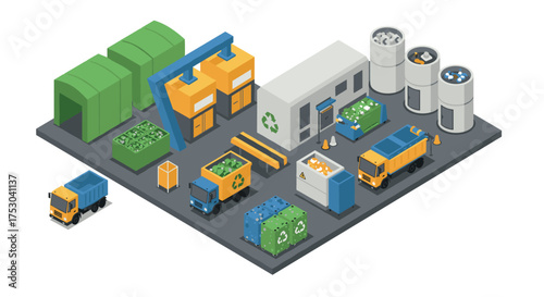 Isometric recycling facility with trucks and bins for waste management