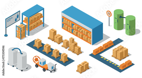 Warehouse logistic isometric design with boxes and storage facilities