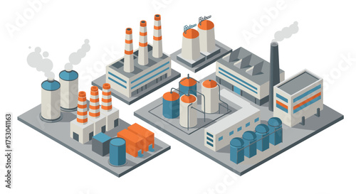 Isometric industrial factory complex with modern buildings and chimneys