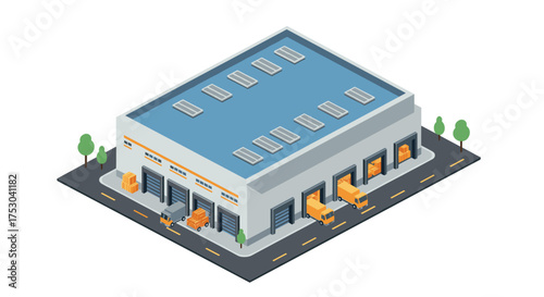 Modern isometric warehouse with loading dock and delivery trucks