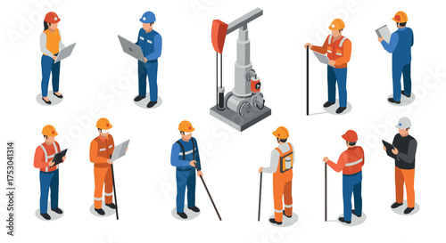 Diverse construction and engineering professionals in isometric design surrounding industrial equipment