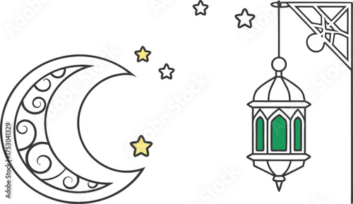 Serene crescent moon and glowing lantern illuminate a starlit night, perfect for festive celebrations and spiritual reflections