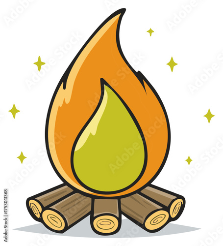 Bright campfire burning with animated flames and logs, surrounded by glittering golden stars for a magical outdoorsy scene