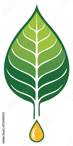 Stylized green leaf with a single golden drop of essential oil or natural plant extract dripping from the tip