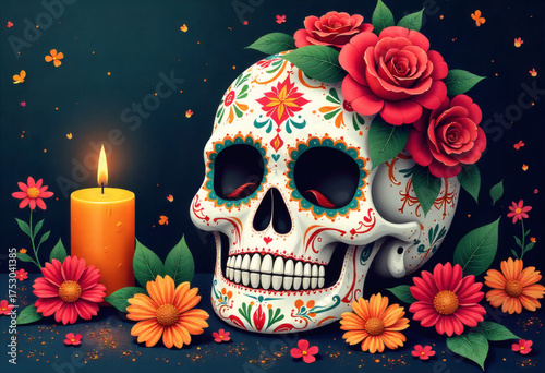 Elaborate Sugar Skull With Roses Marigolds And A Lit Candle On A Dark Background