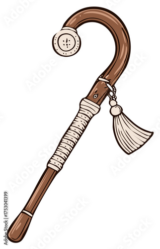 Brown wooden cane with button details, wrapped grip, and tassel decoration