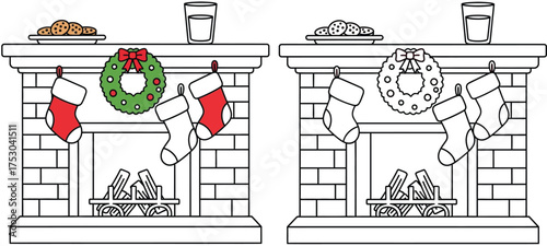 Spot the Differences: Festive Christmas Fireplace Scene with Stockings, Wreath, Cookies, and Milk