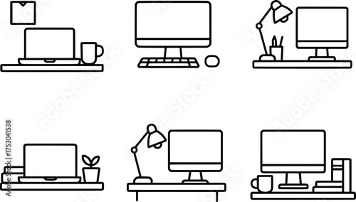 minimalist workspace desk setup vector icon set