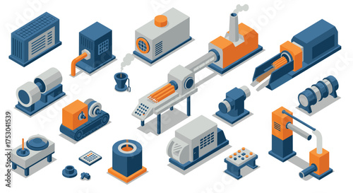 Isometric factory equipment in blue and orange tones for industrial design