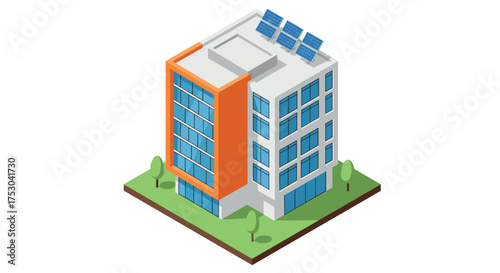 Modern sustainable building with solar panels and green space