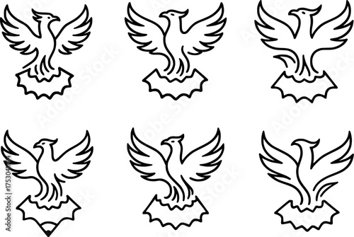 phoenix rising from pencil shavings line art icon set