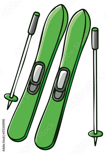Cartoon Illustration of Green Alpine Skis and Poles for Winter Sports Equipment